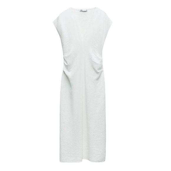 New ZARA Flowy Gathered Sleeveless V-neck Midi Dress - Picture 3 of 4